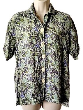 Flax Rayon Hawaiian Button Down Shirt L Tropical Bugs